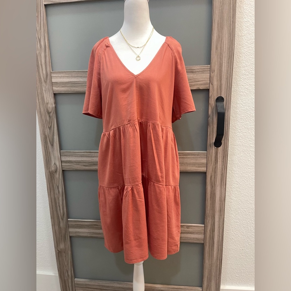 Sz M Old Navy Burnt Orange Casual Midi Dress with V-Neck